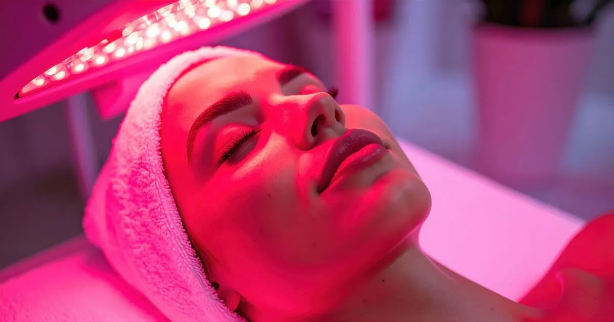 A woman receiving Red Light Therapy for anti-aging, utilizing the treatment's non-invasive benefits for cell repair.